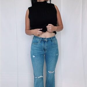 Blue Flare Wide Leg Jeans with Distressed Details and High Waist